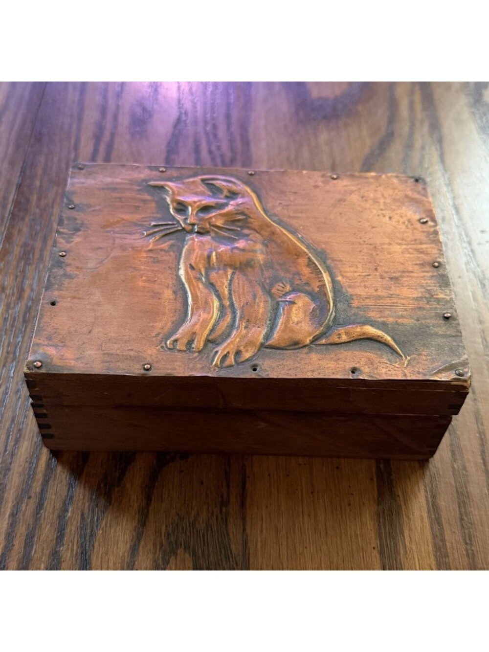 Vintage  Wood Trinket Box Embossed Copper Plate with Domestic Cat 5.5x4x2”